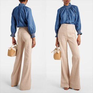 Veronica Beard Komi Flared Seamed Linen-Blend Pants High Rise Pocket Sand
